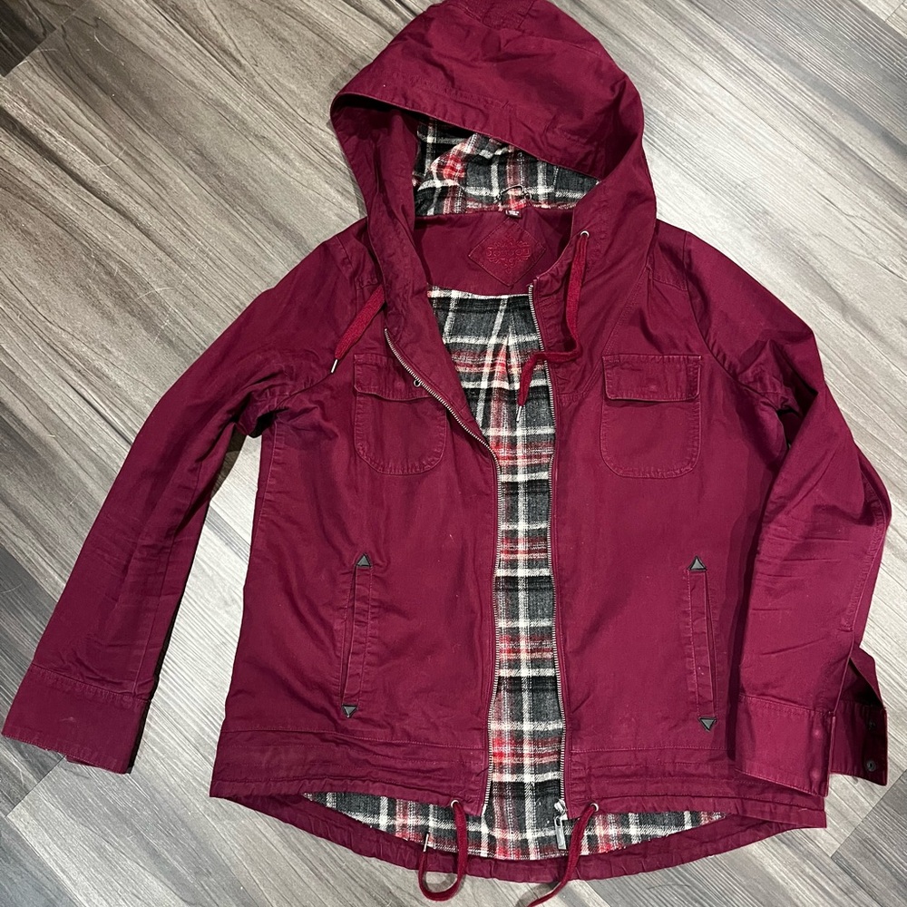 Burgundy Hooded Jacket with Plaid Lining